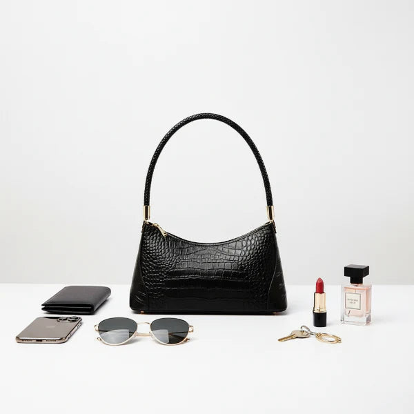 VICIDERCI Arlena croc-embossed genuine cowhide shoulder bag in black general view