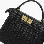 VICIDERCI Aurora woven vegan leather satchel bag in black detail view