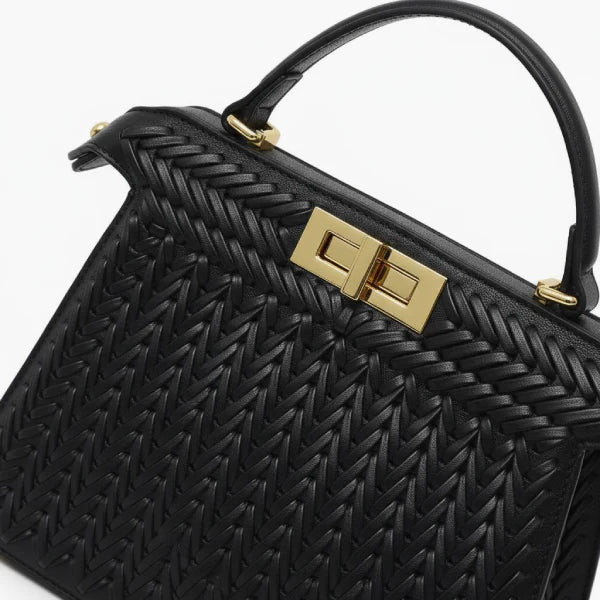VICIDERCI Aurora woven vegan leather satchel bag in black detail view