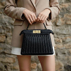 VICIDERCI Aurora woven vegan leather satchel bag in black model view