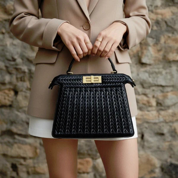 VICIDERCI Aurora woven vegan leather satchel bag in black model view
