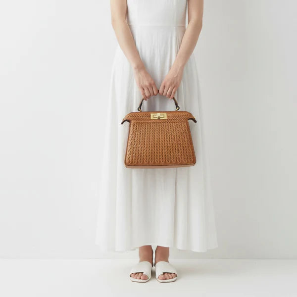 VICIDERCI Aurora woven vegan leather satchel bag in brown model view