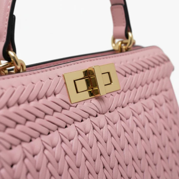 VICIDERCI Aurora woven vegan leather satchel bag in pink detail view