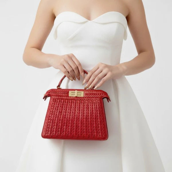 VICIDERCI Aurora woven vegan leather satchel bag in red model view