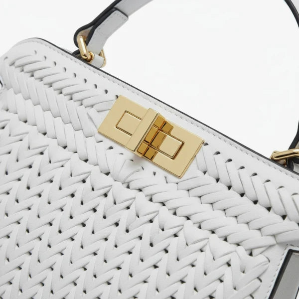 VICIDERCI Aurora woven vegan leather satchel bag in white detail view