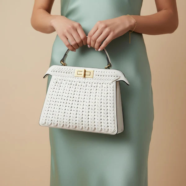 VICIDERCI Aurora woven vegan leather satchel bag in white model view