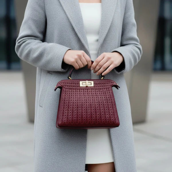 VICIDERCI Aurora woven vegan leather satchel bag in wine red model view
