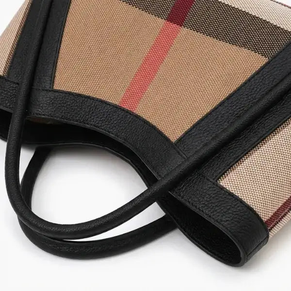 VICIDERCI Liorael checkered canvas with top-grain leather trim tote bag in black detail view