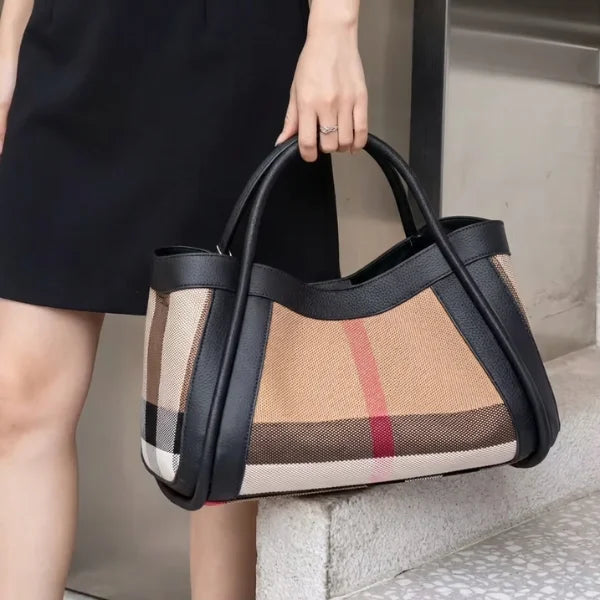 VICIDERCI Liorael checkered canvas with top-grain leather trim tote bag in black model view
