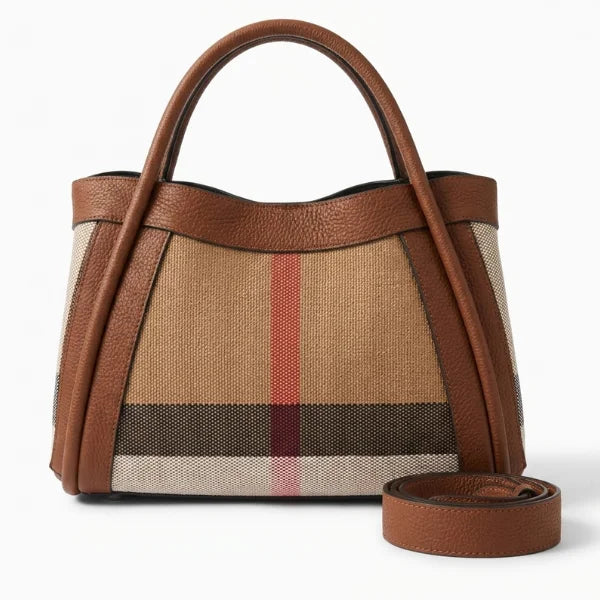 VICIDERCI Liorael checkered canvas with top-grain leather trim tote bag in brown detail view