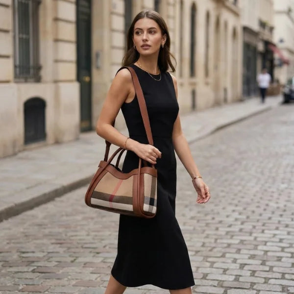 VICIDERCI Liorael checkered canvas with top-grain leather trim tote bag in brown model view