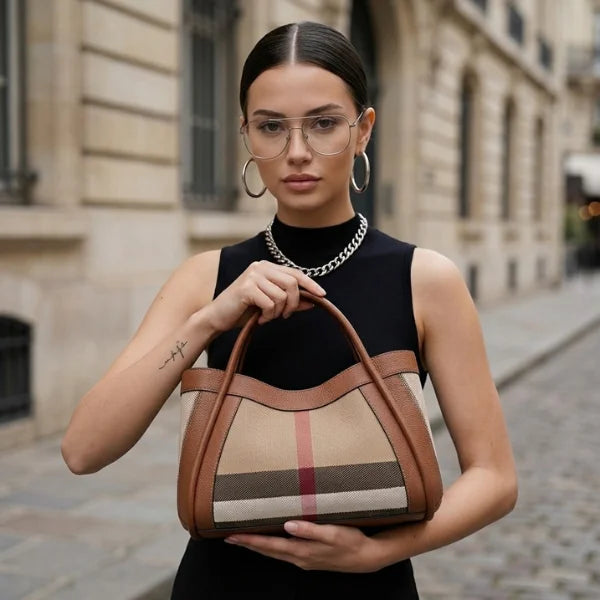VICIDERCI Liorael checkered canvas with top-grain leather trim tote bag in brown model view