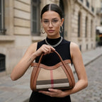 VICIDERCI Liorael checkered canvas with top-grain leather trim tote bag in brown model view