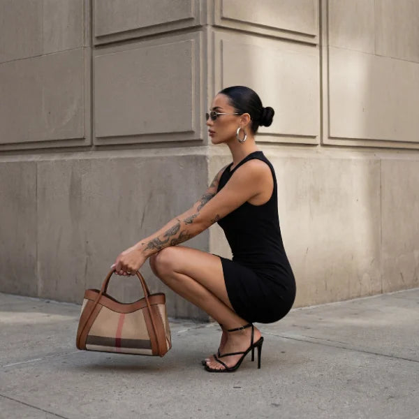 VICIDERCI Liorael checkered canvas with top-grain leather trim tote bag in brown model view