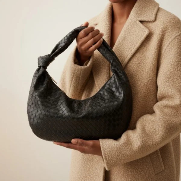 VICIDERCI Maris woven vegan leather hobo bag in black model view