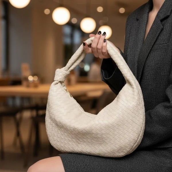 VICIDERCI Maris woven vegan leather hobo bag in off white model view