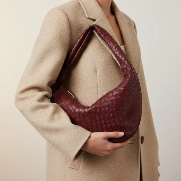 VICIDERCI Maris woven vegan leather hobo bag in wine red model view