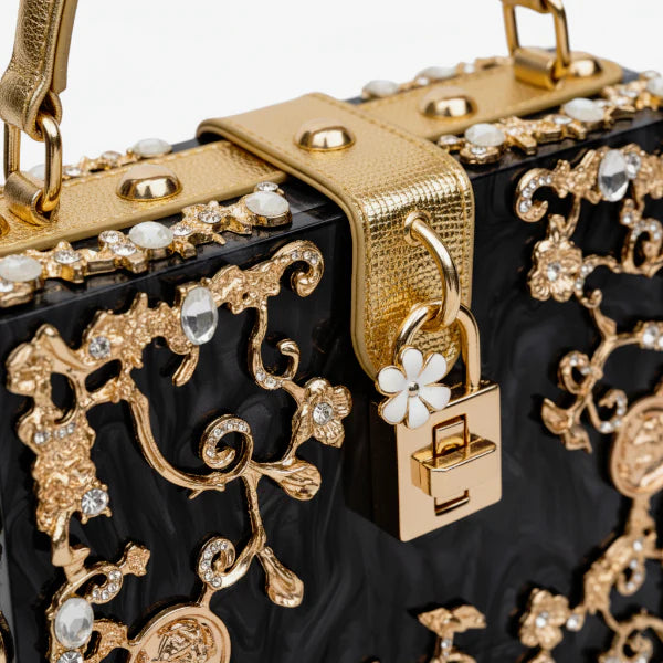 VICIDERCI Zephyra high-gloss acrylic evening bag in black detail view