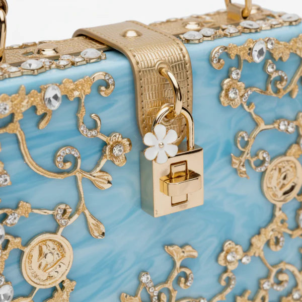 VICIDERCI Zephyra high-gloss acrylic evening bag in blue detail view