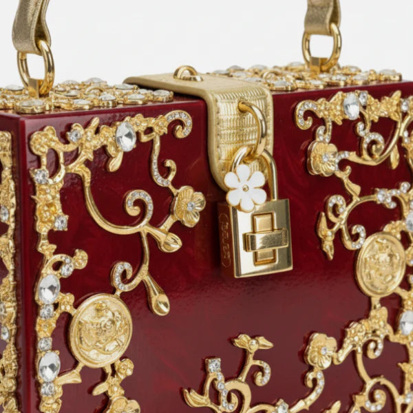 VICIDERCI Zephyra high-gloss acrylic evening bag in red detail view