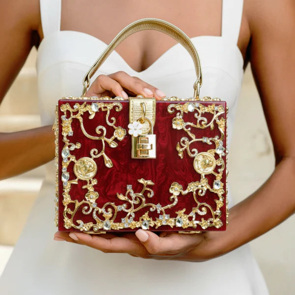 VICIDERCI Zephyra high-gloss acrylic evening bag in red model view