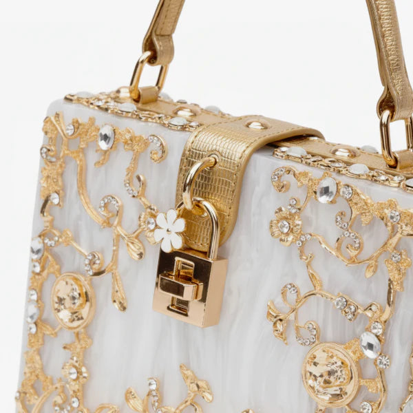 VICIDERCI Zephyra high-gloss acrylic evening bag in white detail view