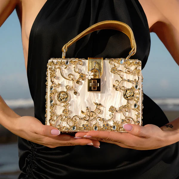 VICIDERCI Zephyra high-gloss acrylic evening bag in white model view
